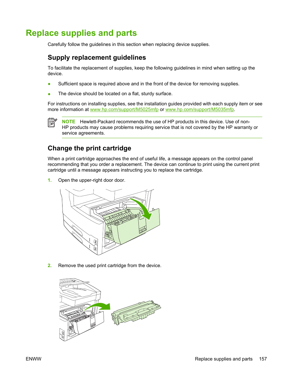 Replace supplies and parts, Supply replacement guidelines, Change the print cartridge | HP LaserJet M5025 Multifunction Printer series User Manual | Page 169 / 300