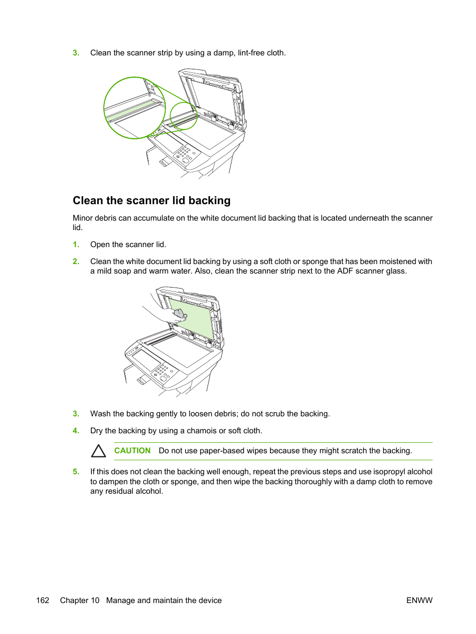 Clean the scanner lid backing | HP LaserJet M5025 Multifunction Printer series User Manual | Page 174 / 300