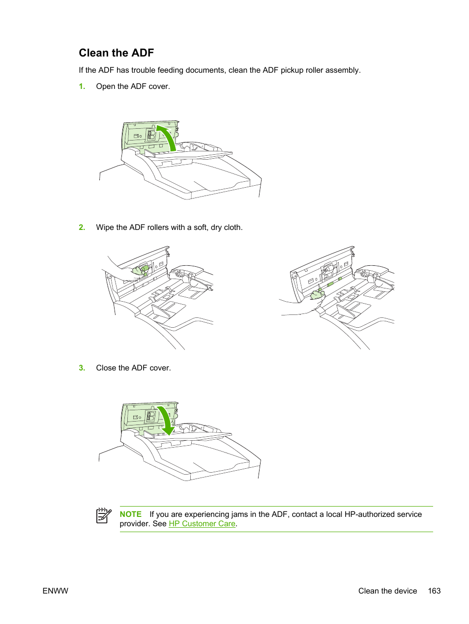 Clean the adf | HP LaserJet M5025 Multifunction Printer series User Manual | Page 175 / 300