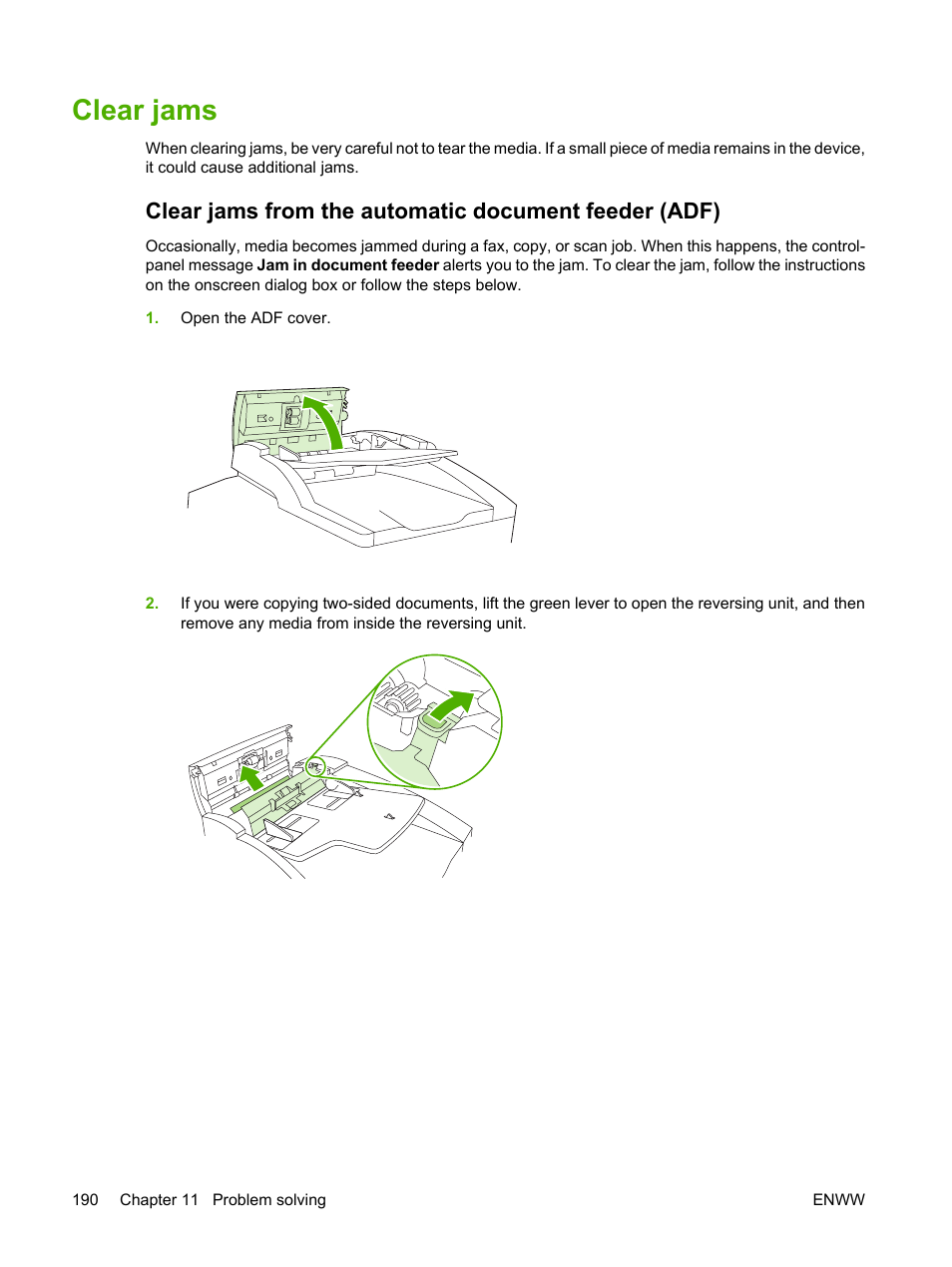 Clear jams, Clear, Jams | Clear jams from the automatic, Document feeder (adf), Clear jams from, The automatic document feeder (adf), Clear jams from the automatic document feeder, Adf) | HP LaserJet M5025 Multifunction Printer series User Manual | Page 202 / 300