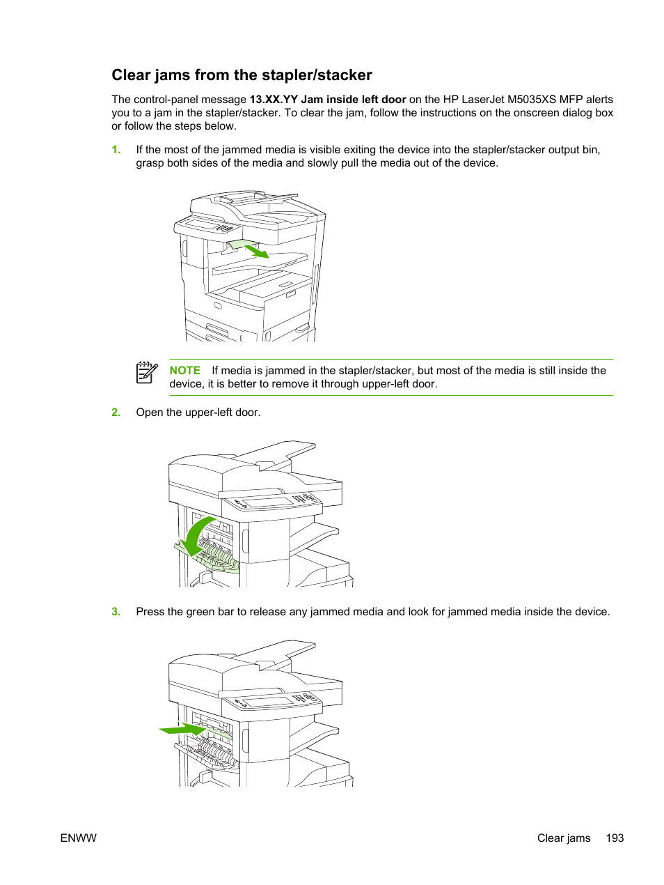 Clear jams from the stapler/stacker, Clear jams from the stapler, Stacker | HP LaserJet M5025 Multifunction Printer series User Manual | Page 205 / 300