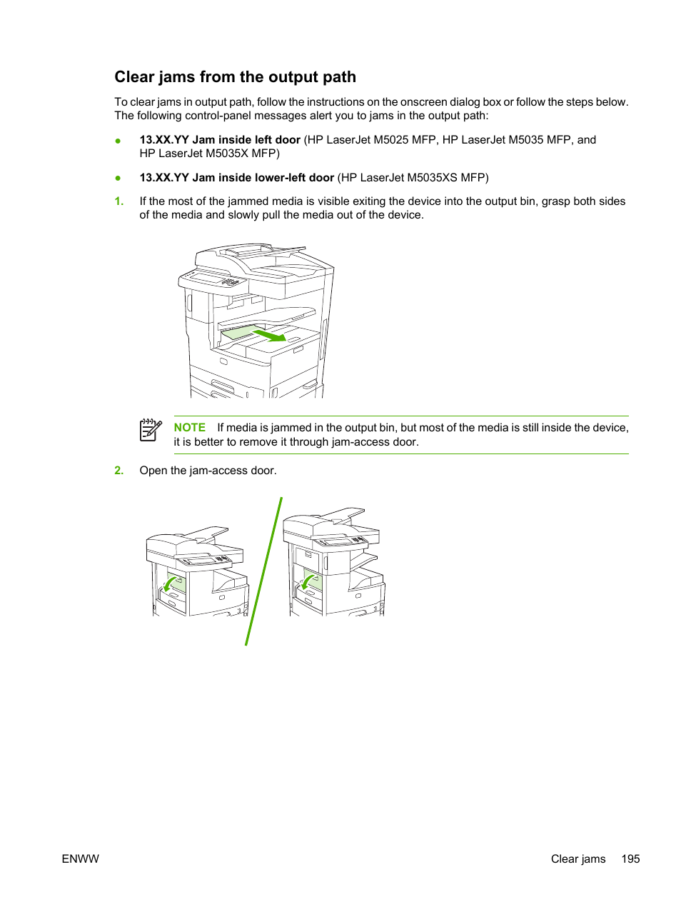 Clear jams from the output path | HP LaserJet M5025 Multifunction Printer series User Manual | Page 207 / 300