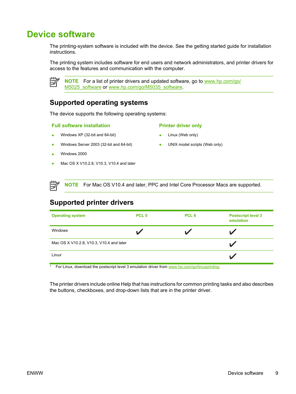 Device software, Supported operating systems, Supported printer drivers | HP LaserJet M5025 Multifunction Printer series User Manual | Page 21 / 300