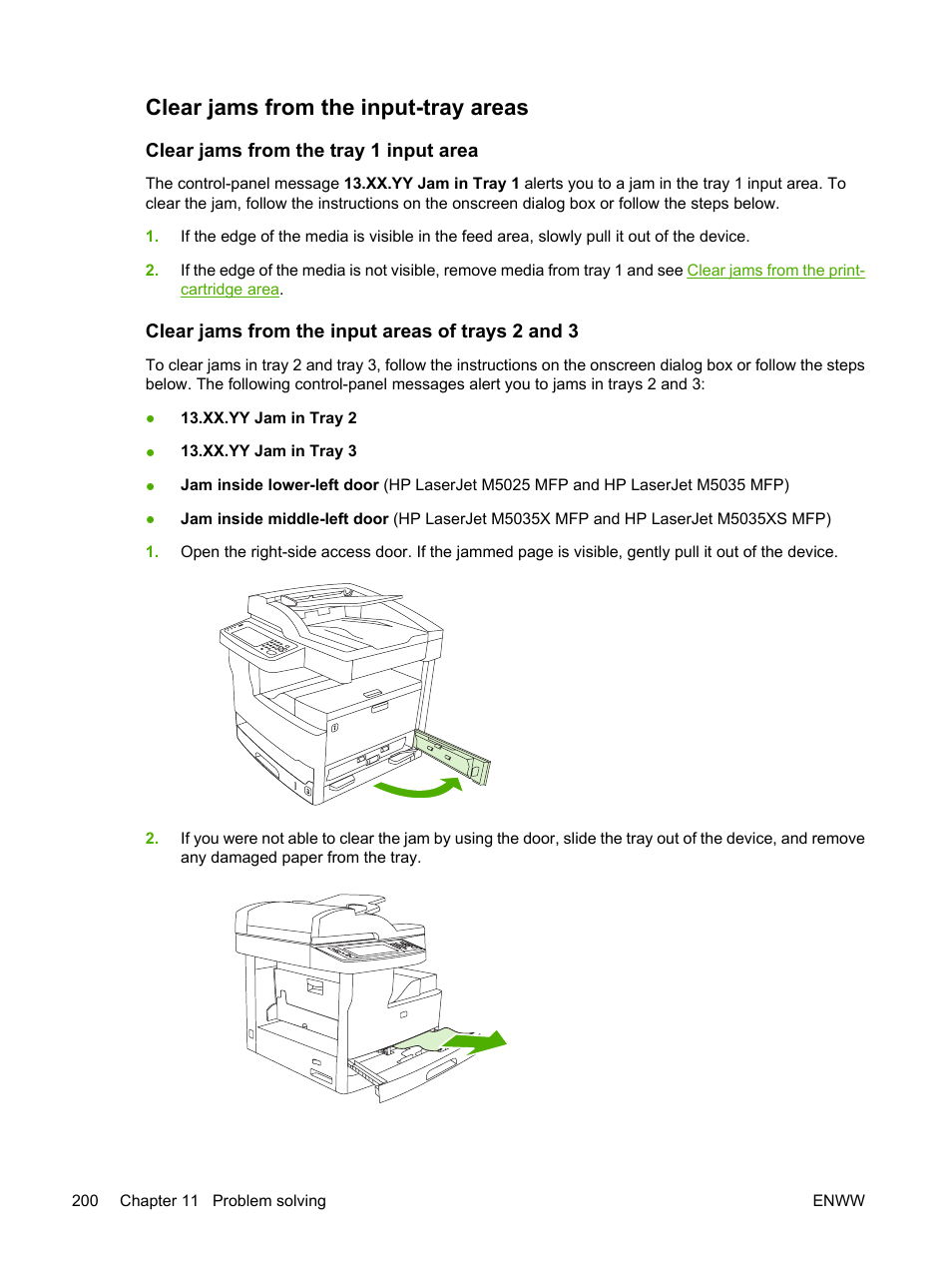 Clear jams from the input-tray areas, Clear jams from the tray 1 input area, Clear jams from the input areas of trays 2 and 3 | Clear jams from the tray 1 input, Area, Clear jams from the input areas, Of trays 2 and 3, Clear jams, From the input areas of trays 2 and 3 | HP LaserJet M5025 Multifunction Printer series User Manual | Page 212 / 300