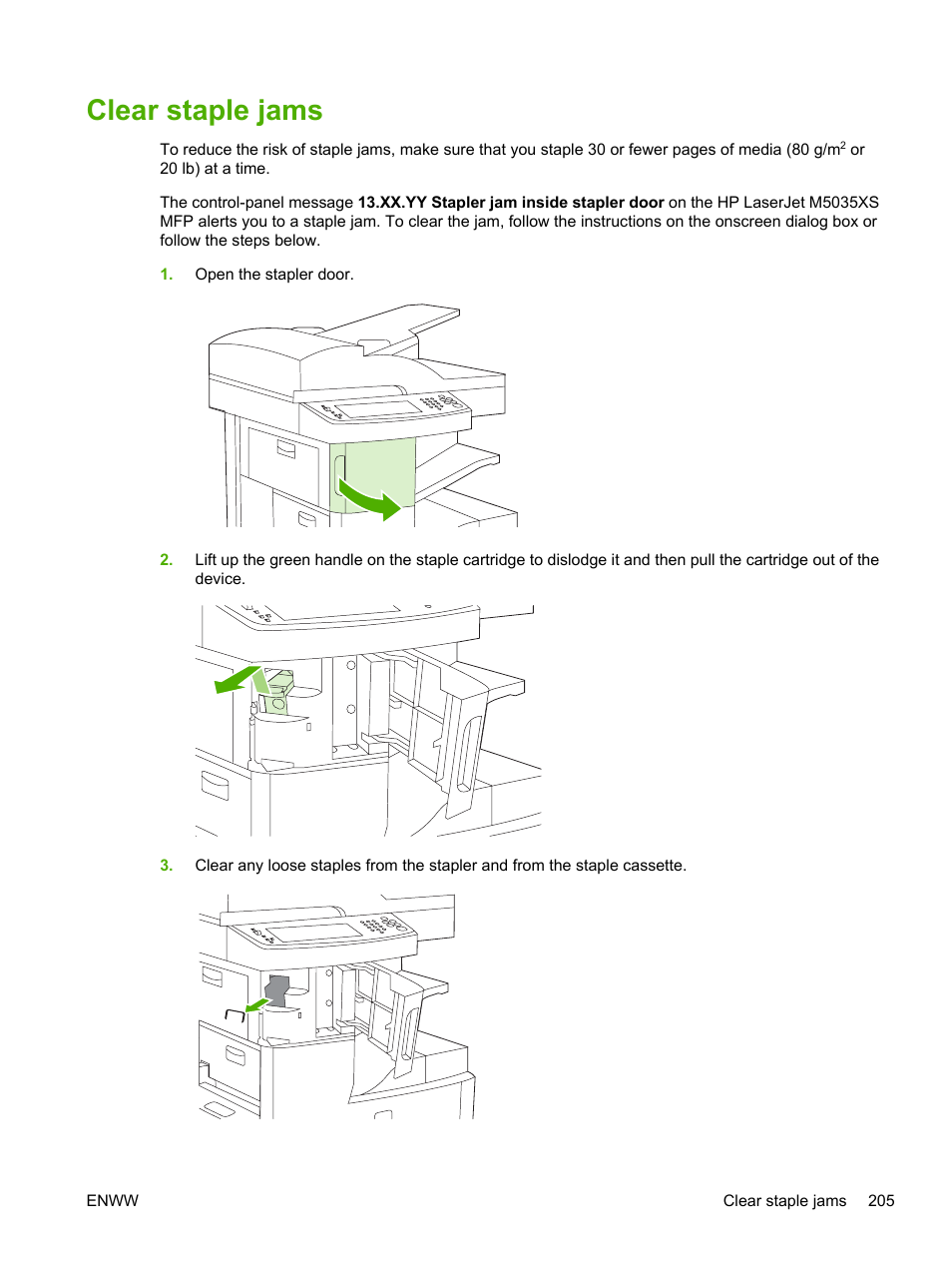 Clear staple jams | HP LaserJet M5025 Multifunction Printer series User Manual | Page 217 / 300