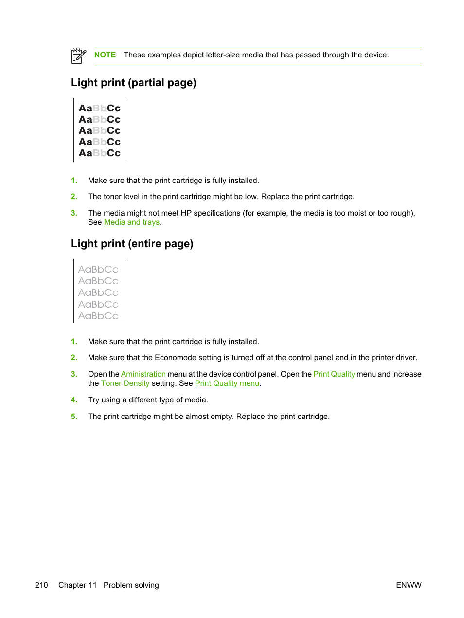 Light print (partial, Light print (entire, Light print (partial page) | Light print (entire page) | HP LaserJet M5025 Multifunction Printer series User Manual | Page 222 / 300