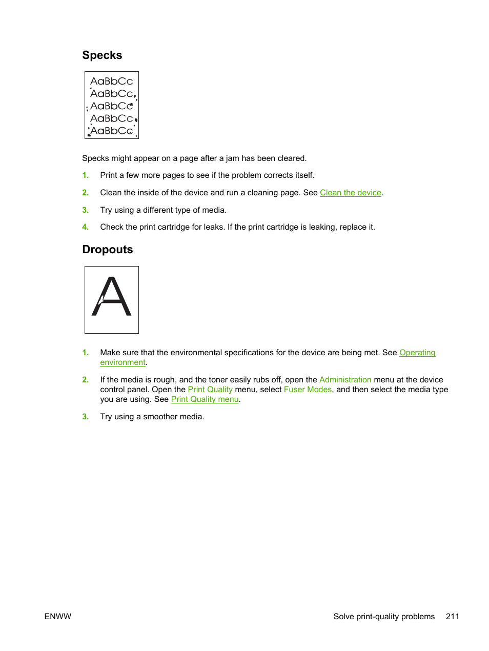 Specks, Dropouts, Specks dropouts | HP LaserJet M5025 Multifunction Printer series User Manual | Page 223 / 300