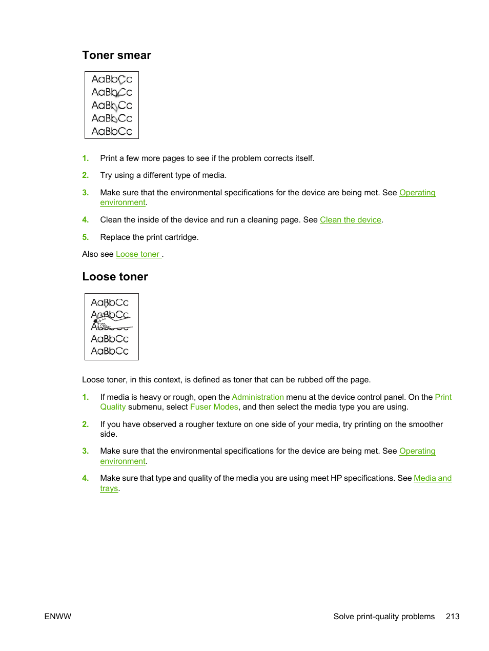 Toner smear, Loose toner, Toner smear loose toner | HP LaserJet M5025 Multifunction Printer series User Manual | Page 225 / 300