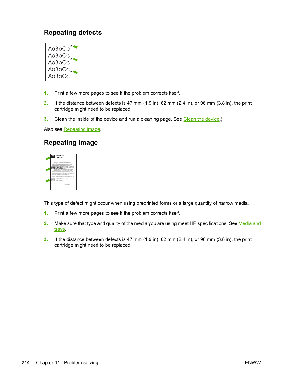 Repeating defects, Repeating image, Repeating defects repeating image | HP LaserJet M5025 Multifunction Printer series User Manual | Page 226 / 300