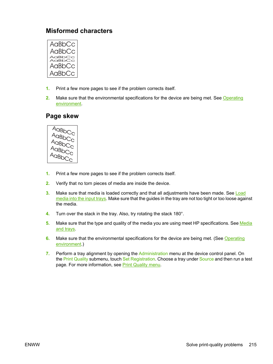 Misformed characters, Misformed, Characters | Aabbcc aabbcc aabbcc aabbcc, Page skew | HP LaserJet M5025 Multifunction Printer series User Manual | Page 227 / 300