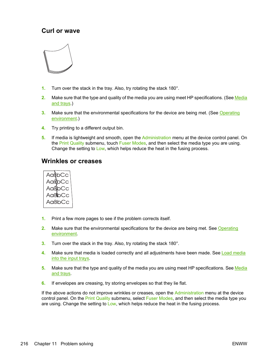 Curl or wave, Wrinkles or creases, Curl or wave wrinkles or creases | Wrinkles or, Creases | HP LaserJet M5025 Multifunction Printer series User Manual | Page 228 / 300