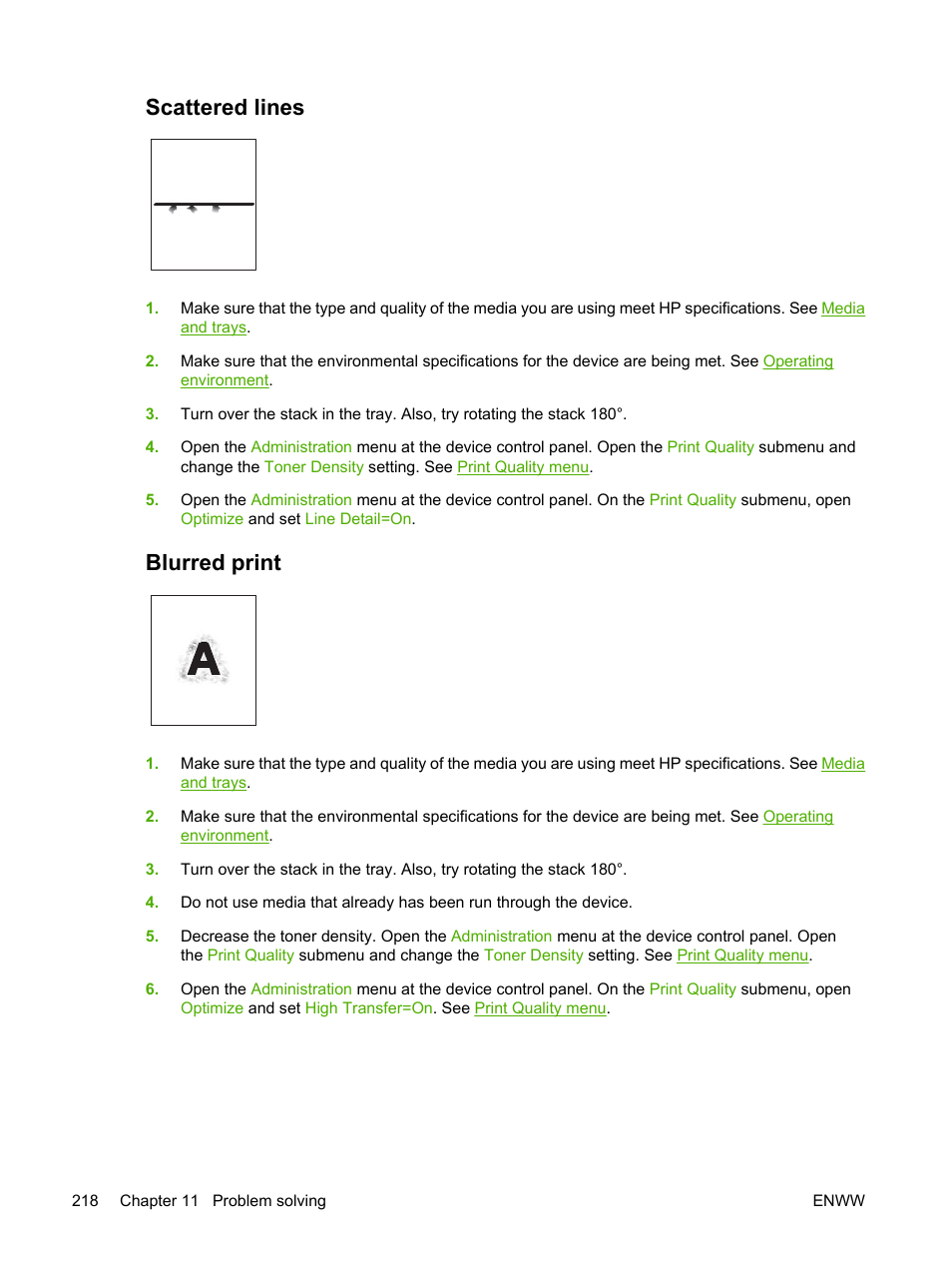 Scattered lines, Blurred print, Scattered lines blurred print | HP LaserJet M5025 Multifunction Printer series User Manual | Page 230 / 300