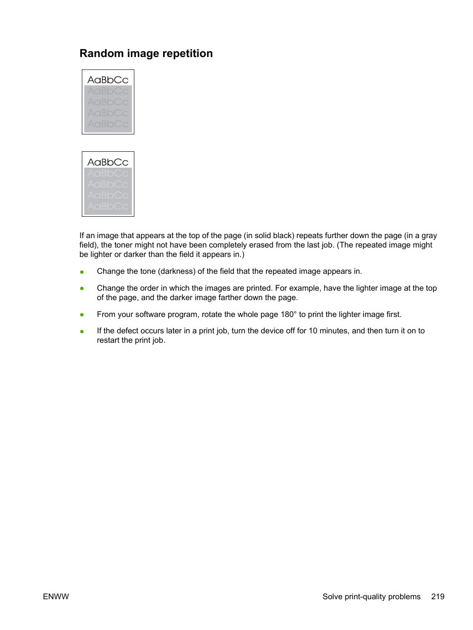 Random image repetition, Random image, Repetition | Light) | HP LaserJet M5025 Multifunction Printer series User Manual | Page 231 / 300