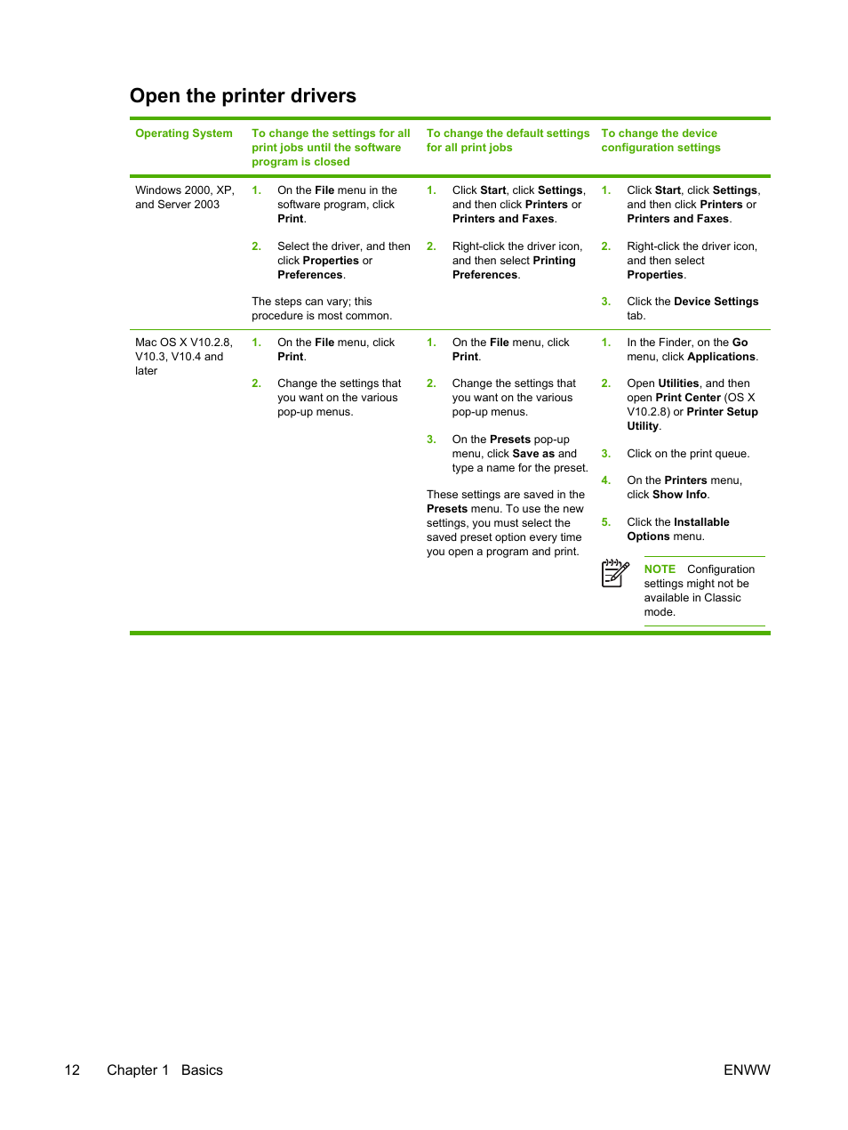 Open the printer drivers, 12 chapter 1 basics enww | HP LaserJet M5025 Multifunction Printer series User Manual | Page 24 / 300