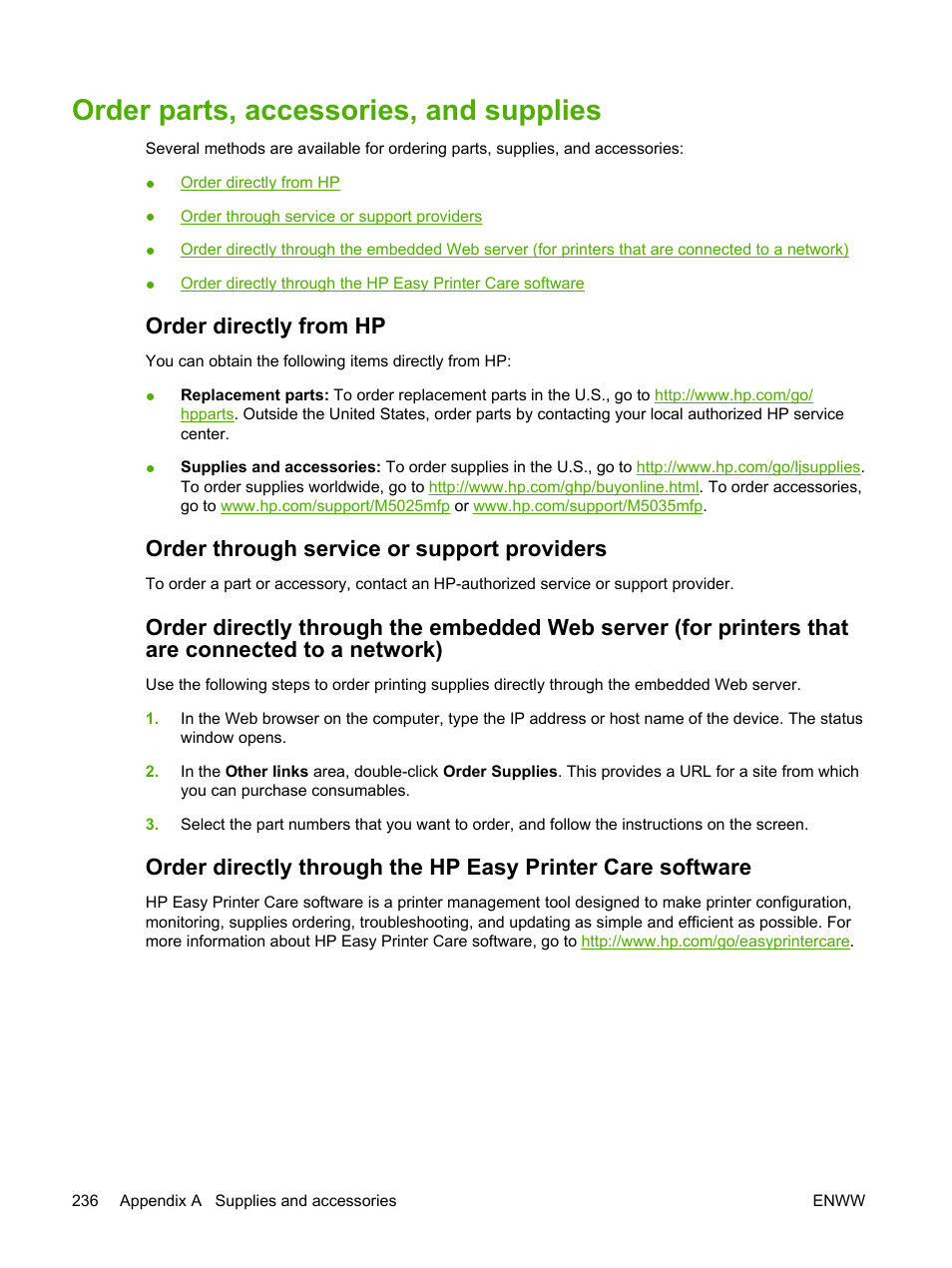 Order parts, accessories, and supplies, Order directly from hp, Order through service or support providers | Order parts, Accessories, and supplies, Order, Parts, accessories, and supplies, Ge. see, E, see, Order parts, accessories, and | HP LaserJet M5025 Multifunction Printer series User Manual | Page 248 / 300