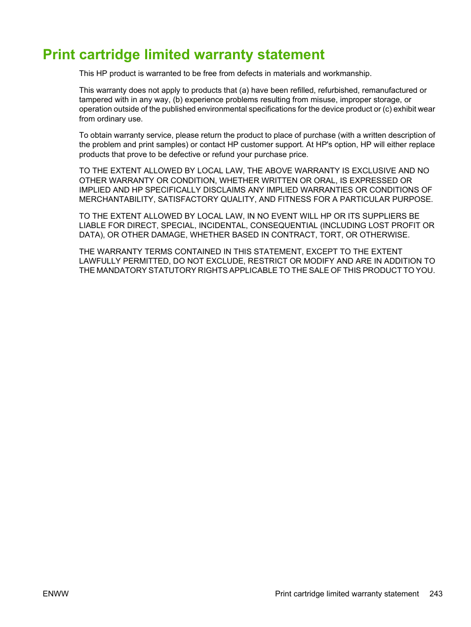 Print cartridge limited warranty statement | HP LaserJet M5025 Multifunction Printer series User Manual | Page 255 / 300