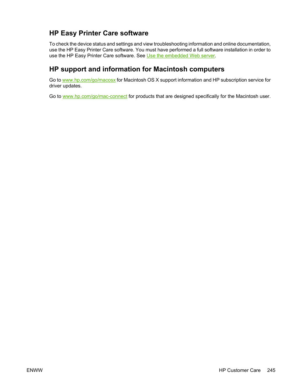 Hp easy printer care software, Hp support and information for macintosh computers | HP LaserJet M5025 Multifunction Printer series User Manual | Page 257 / 300