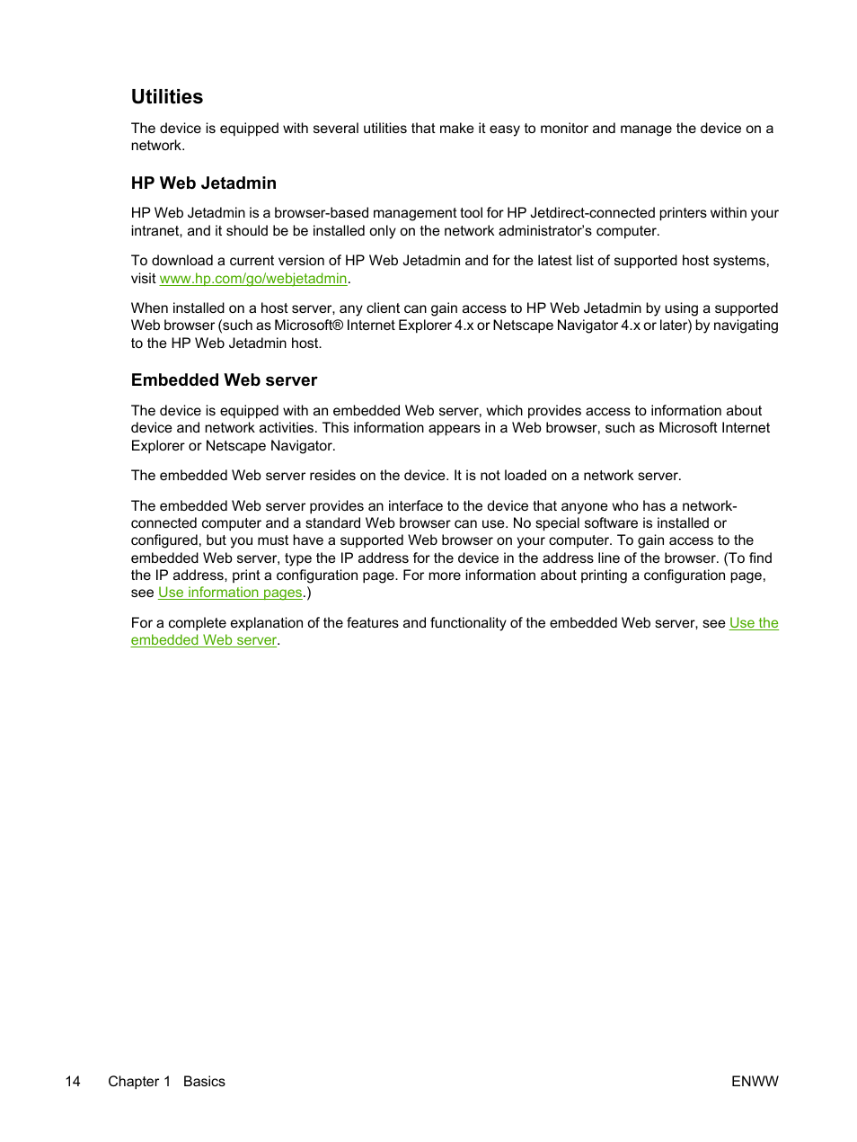 Utilities, Hp web jetadmin, Embedded web server | Hp web jetadmin embedded web server, Vice. see, Embedded, Web server | HP LaserJet M5025 Multifunction Printer series User Manual | Page 26 / 300