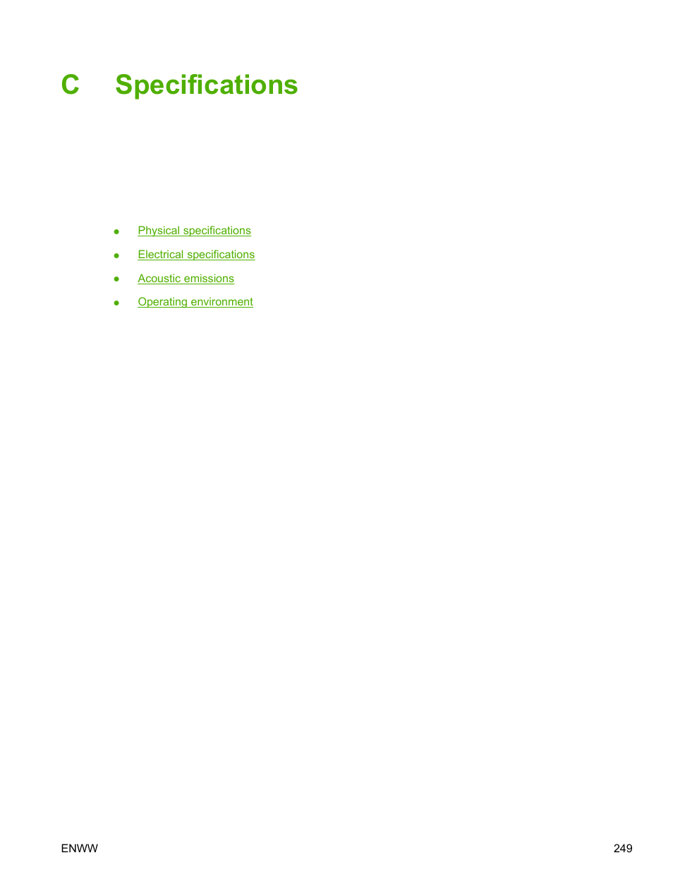 Specifications, Appendix c specifications, Cspecifications | HP LaserJet M5025 Multifunction Printer series User Manual | Page 261 / 300