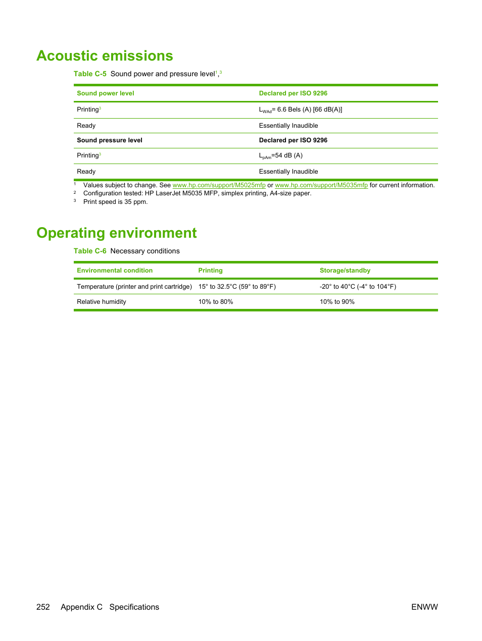 Acoustic emissions, Operating environment, Acoustic emissions operating environment | Operating, Environment, 252 appendix c specifications enww | HP LaserJet M5025 Multifunction Printer series User Manual | Page 264 / 300