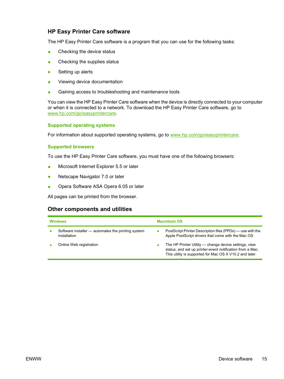 Hp easy printer care software, Supported operating systems, Supported browsers | Other components and utilities, Supported operating systems supported browsers | HP LaserJet M5025 Multifunction Printer series User Manual | Page 27 / 300