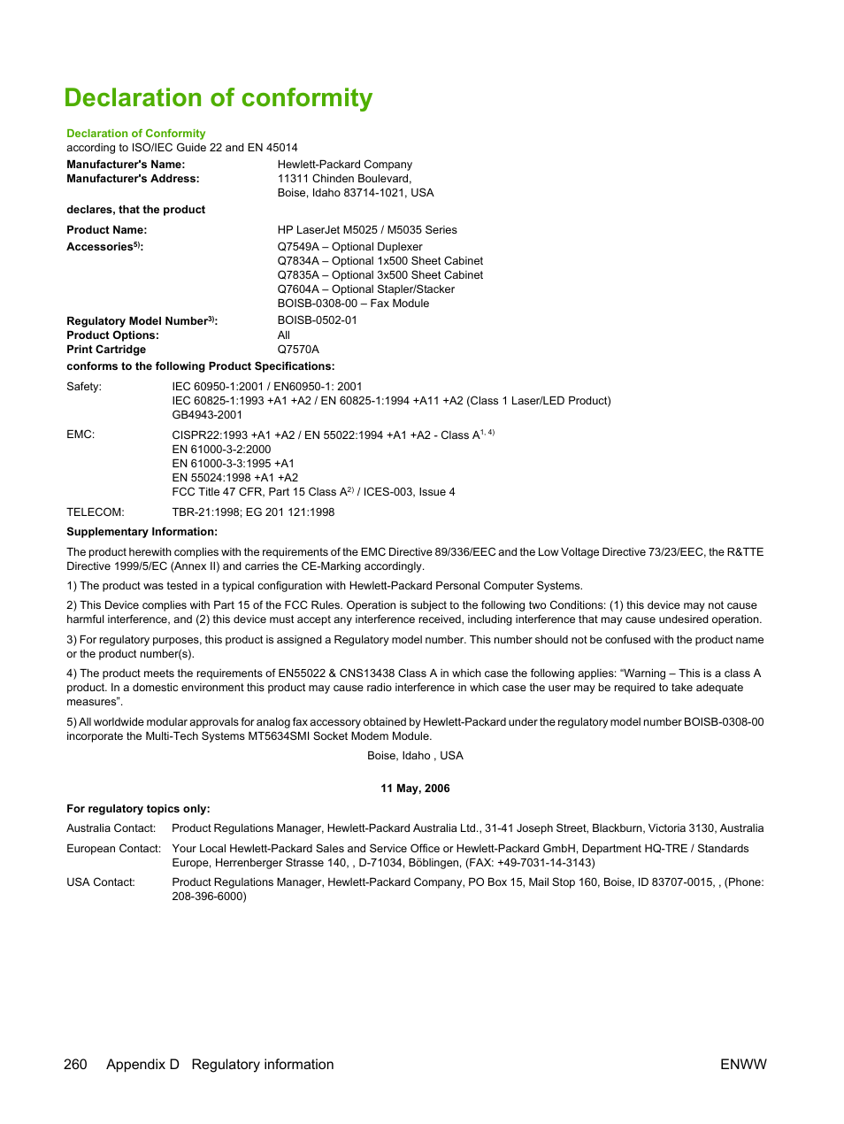 Declaration of conformity, 260 appendix d regulatory information enww | HP LaserJet M5025 Multifunction Printer series User Manual | Page 272 / 300