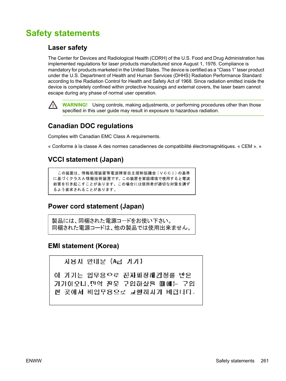 Safety statements, Laser safety, Canadian doc regulations | Vcci statement (japan), Power cord statement (japan), Emi statement (korea) | HP LaserJet M5025 Multifunction Printer series User Manual | Page 273 / 300