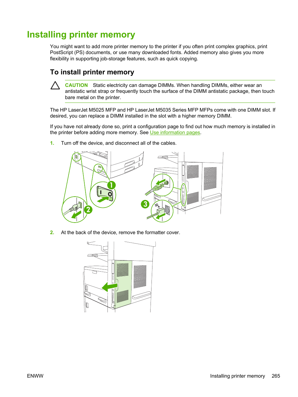 Installing printer memory, To install printer memory | HP LaserJet M5025 Multifunction Printer series User Manual | Page 277 / 300