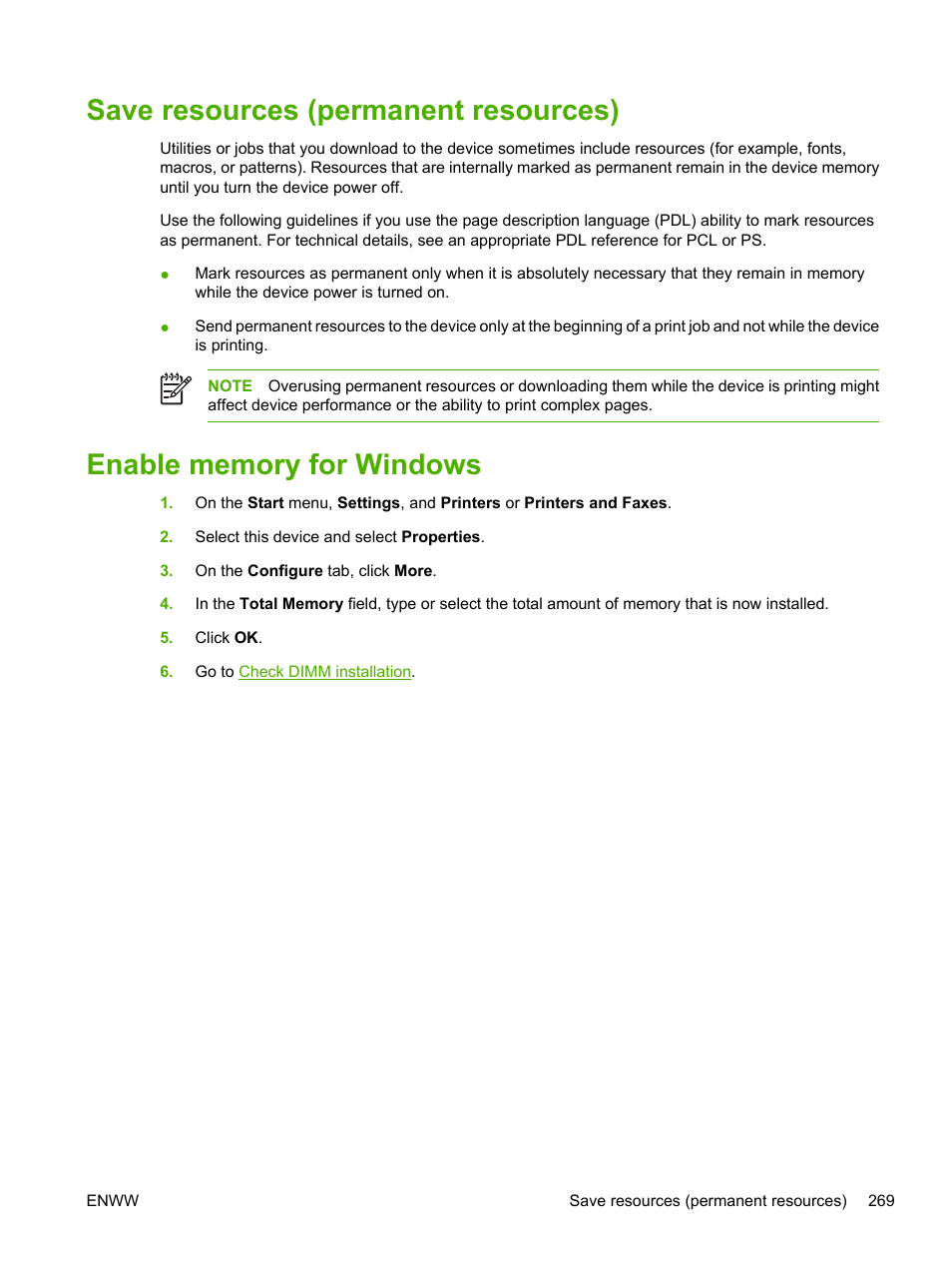 Save resources (permanent resources), Enable memory for windows | HP LaserJet M5025 Multifunction Printer series User Manual | Page 281 / 300