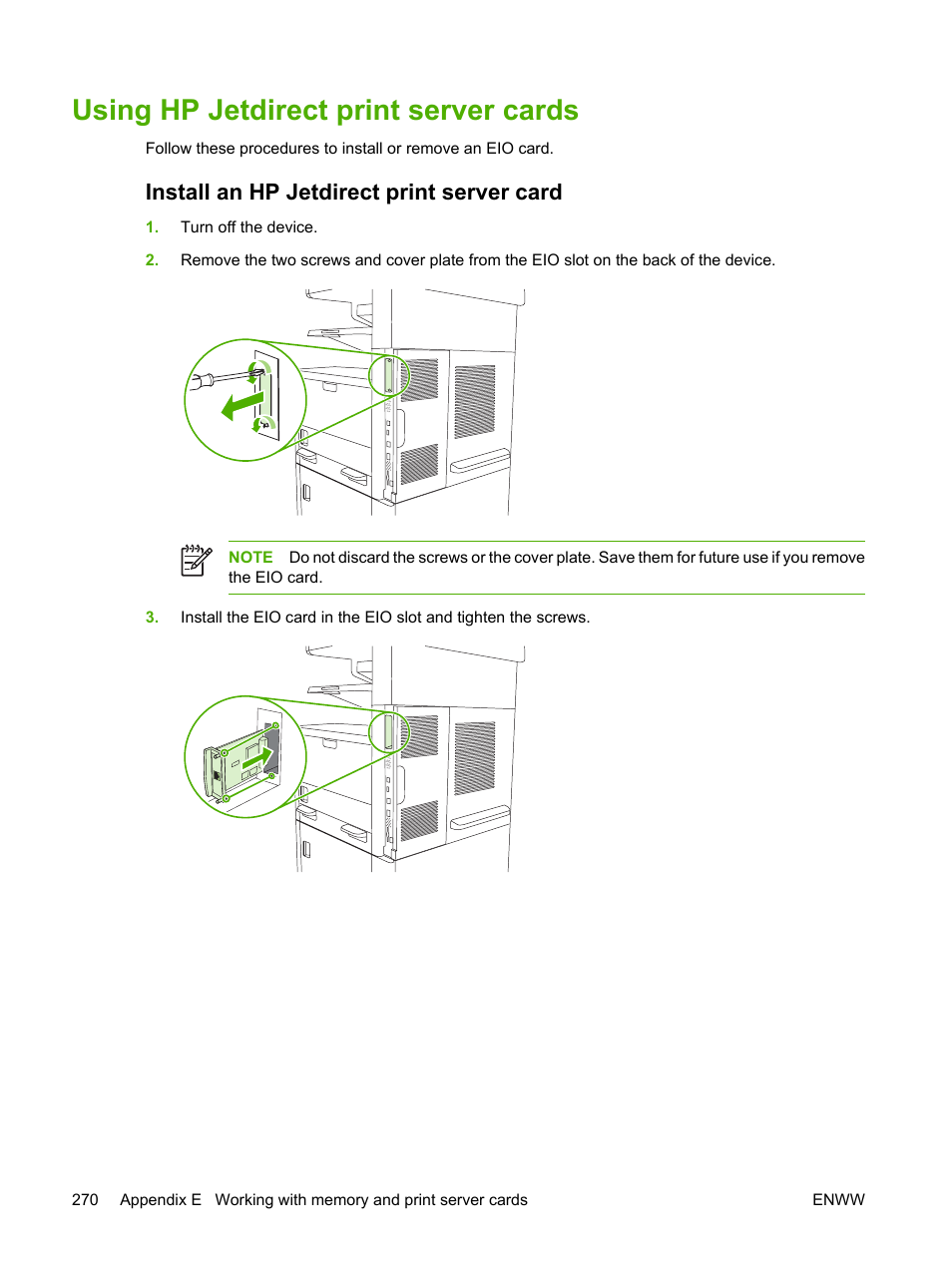 Using hp jetdirect print server cards, Install an hp jetdirect print server card | HP LaserJet M5025 Multifunction Printer series User Manual | Page 282 / 300