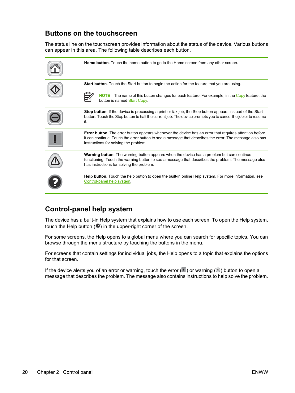 Buttons on the touchscreen, Control-panel help system | HP LaserJet M5025 Multifunction Printer series User Manual | Page 32 / 300