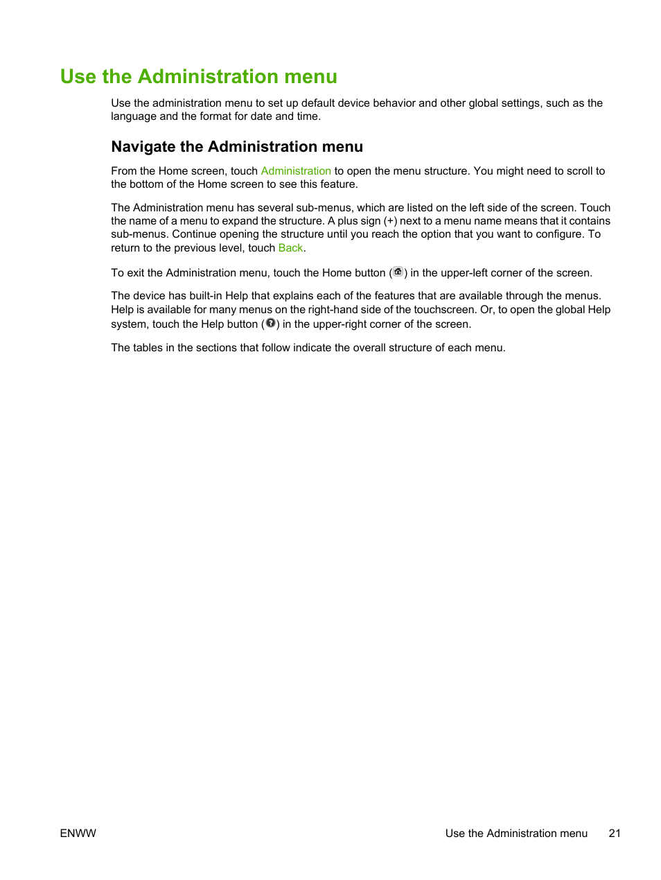 Use the administration menu, Navigate the administration menu | HP LaserJet M5025 Multifunction Printer series User Manual | Page 33 / 300