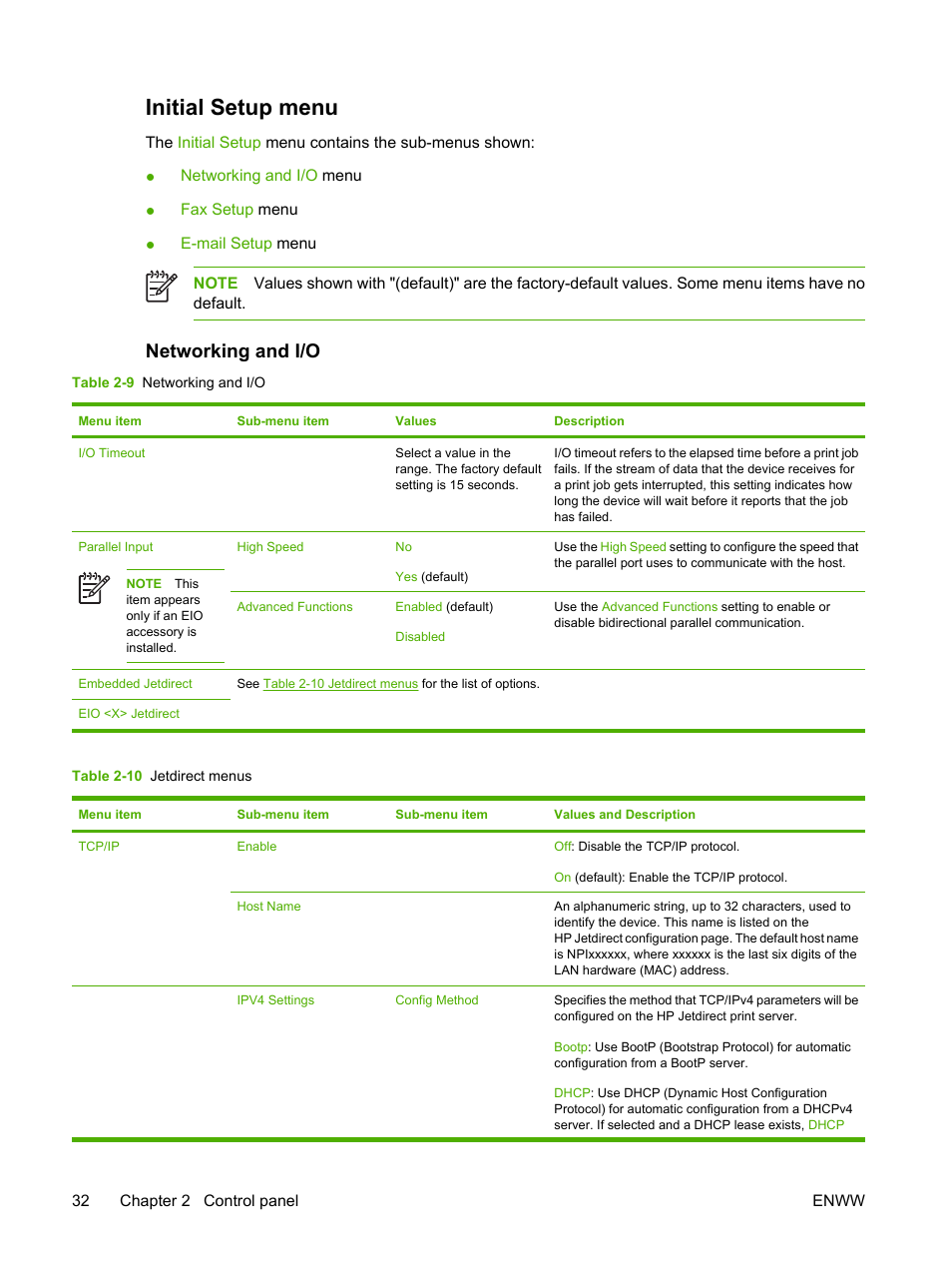 Initial setup menu, Networking and i/o | HP LaserJet M5025 Multifunction Printer series User Manual | Page 44 / 300