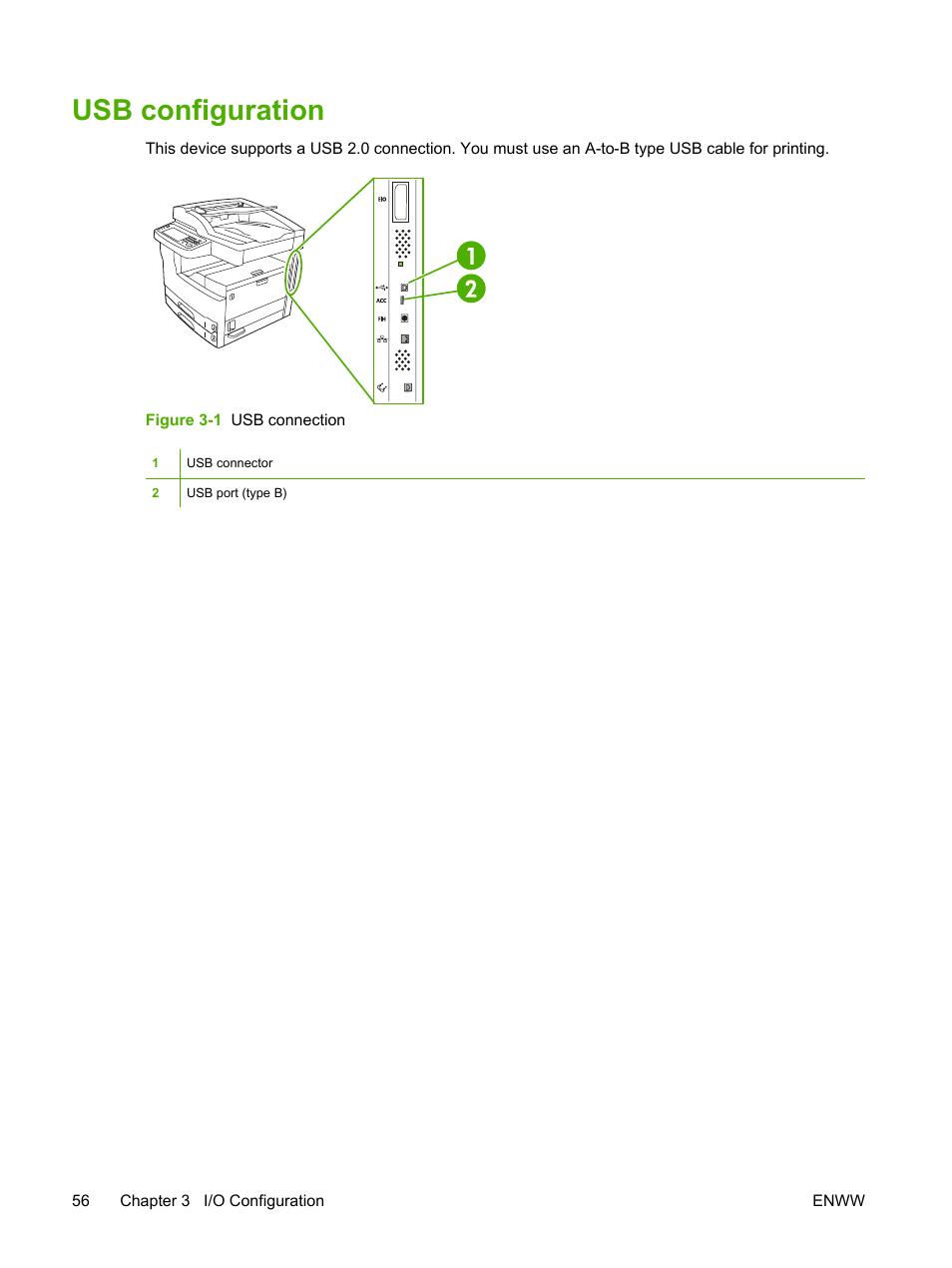 Usb configuration | HP LaserJet M5025 Multifunction Printer series User Manual | Page 68 / 300