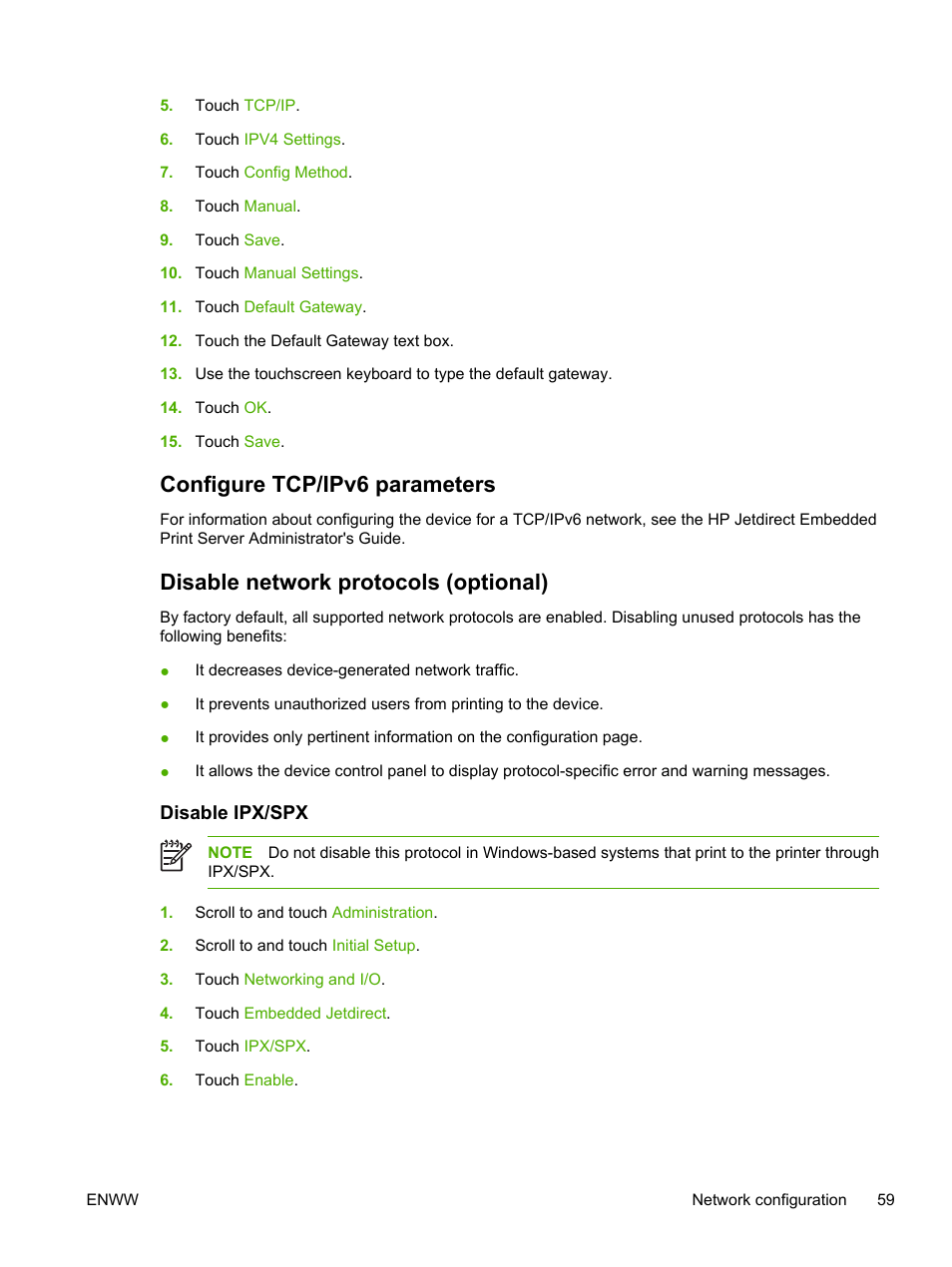 Configure tcp/ipv6 parameters, Disable network protocols (optional), Disable ipx/spx | HP LaserJet M5025 Multifunction Printer series User Manual | Page 71 / 300