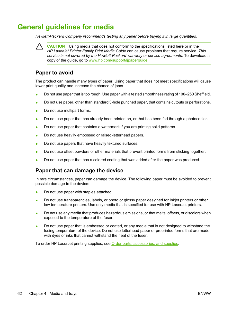 General guidelines for media, Paper to avoid, Paper that can damage the device | Paper to avoid paper that can damage the device | HP LaserJet M5025 Multifunction Printer series User Manual | Page 74 / 300