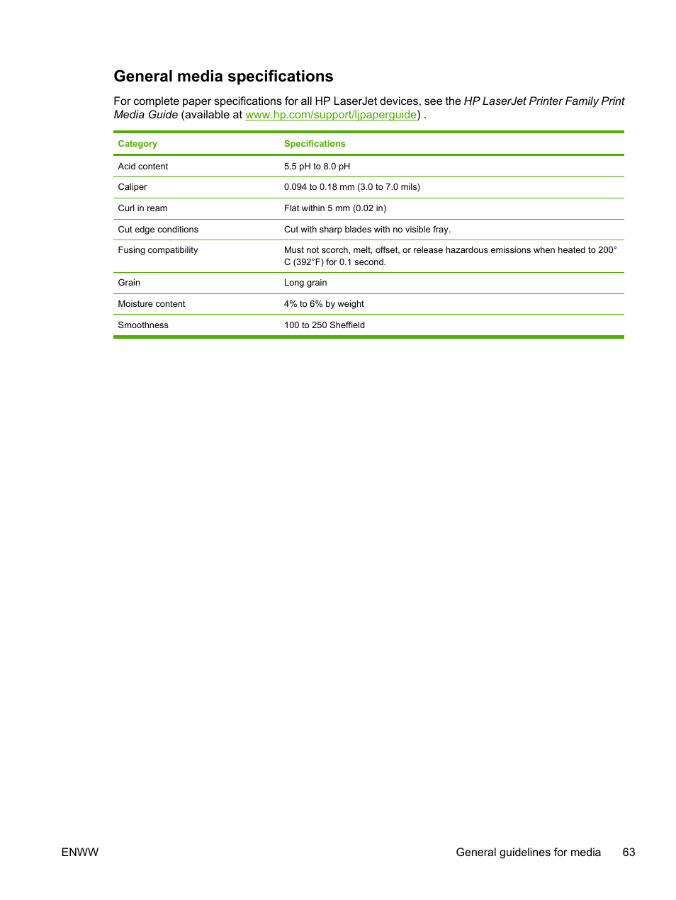 General media specifications | HP LaserJet M5025 Multifunction Printer series User Manual | Page 75 / 300