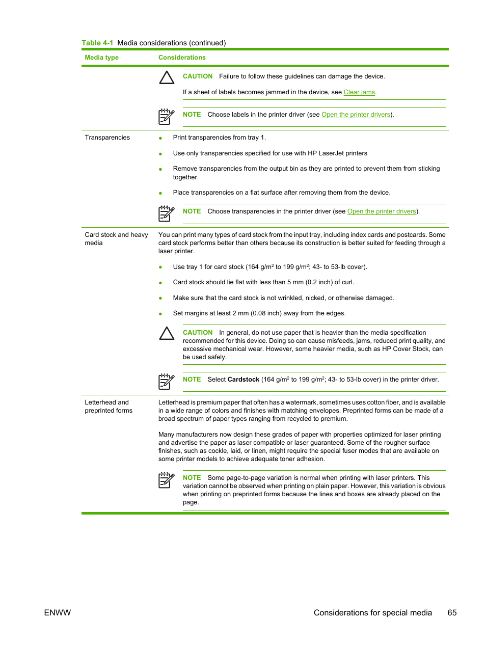 Enww considerations for special media 65 | HP LaserJet M5025 Multifunction Printer series User Manual | Page 77 / 300