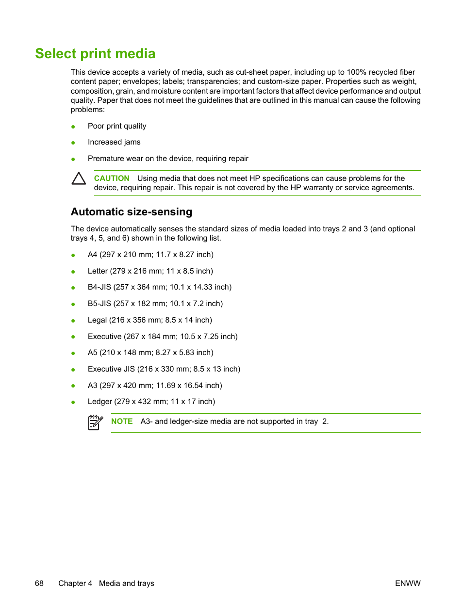 Select print media, Automatic size-sensing | HP LaserJet M5025 Multifunction Printer series User Manual | Page 80 / 300