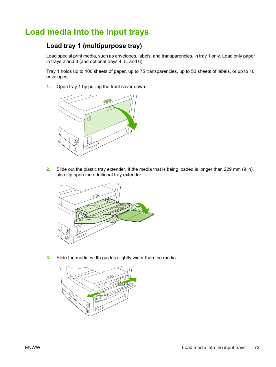 Load media into the input trays, Load tray 1 (multipurpose tray) | HP LaserJet M5025 Multifunction Printer series User Manual | Page 85 / 300