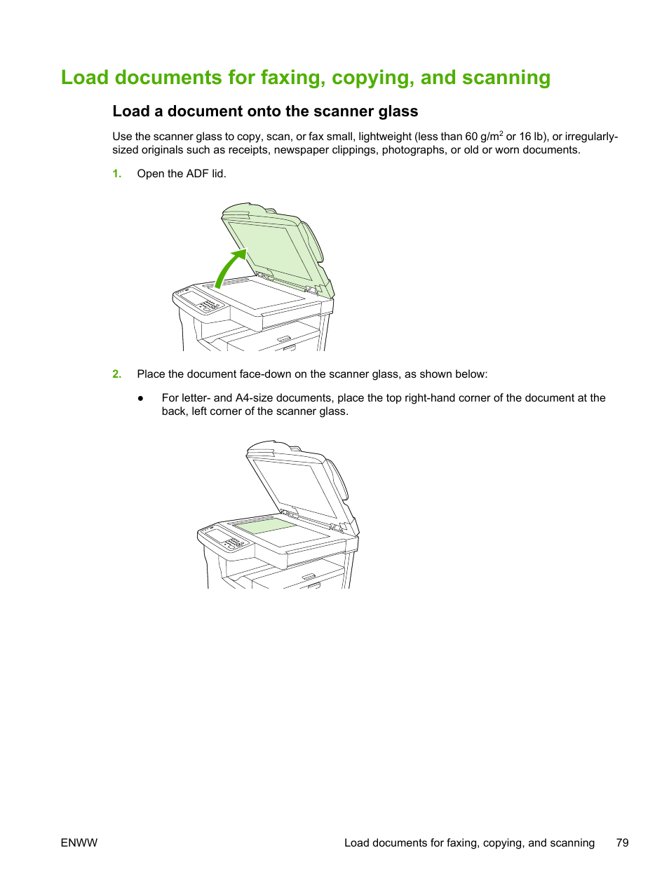 Load documents for faxing, copying, and scanning, Load a document onto the scanner glass | HP LaserJet M5025 Multifunction Printer series User Manual | Page 91 / 300