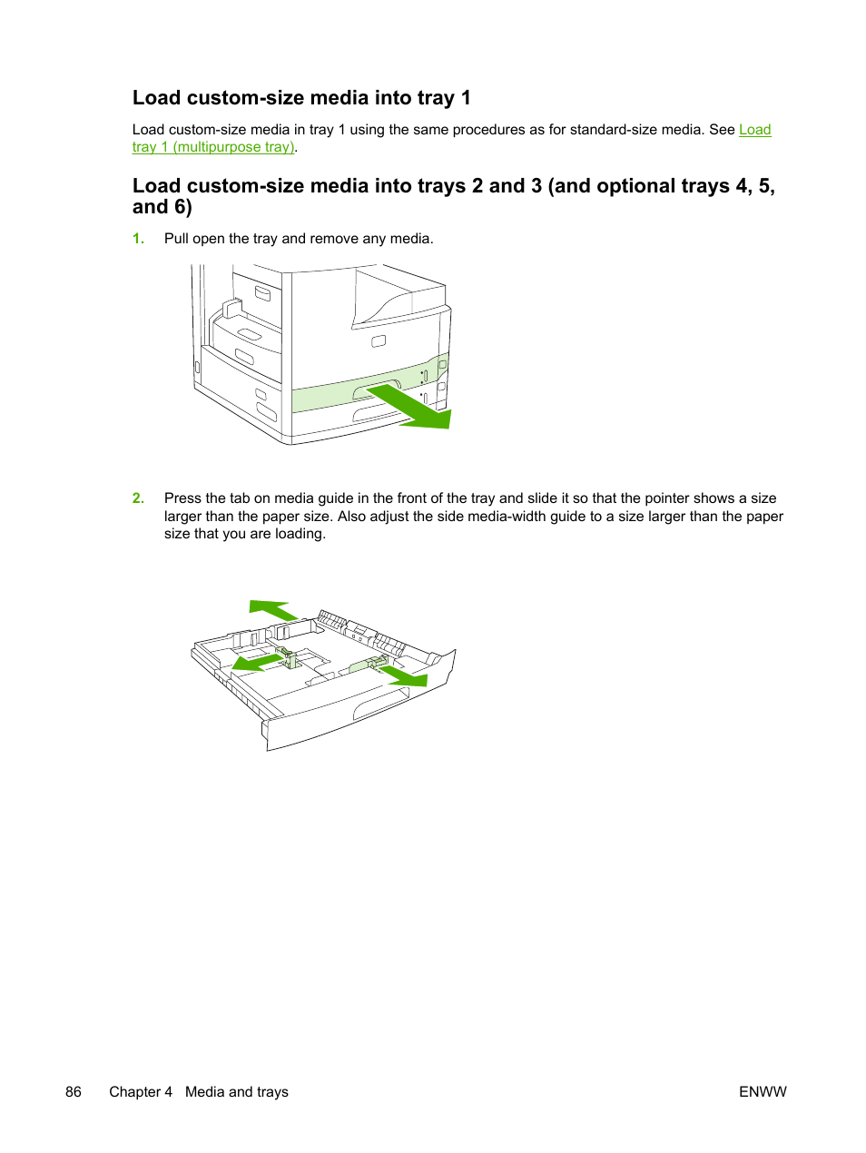 Load custom-size media into tray 1 | HP LaserJet M5025 Multifunction Printer series User Manual | Page 98 / 300