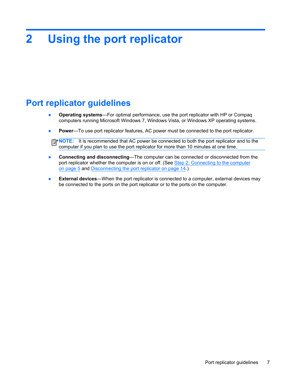 Using the port replicator, Port replicator guidelines, 2 using the port replicator | 2using the port replicator | HP USB 2.0 2005pr Port Replicator User Manual | Page 11 / 24