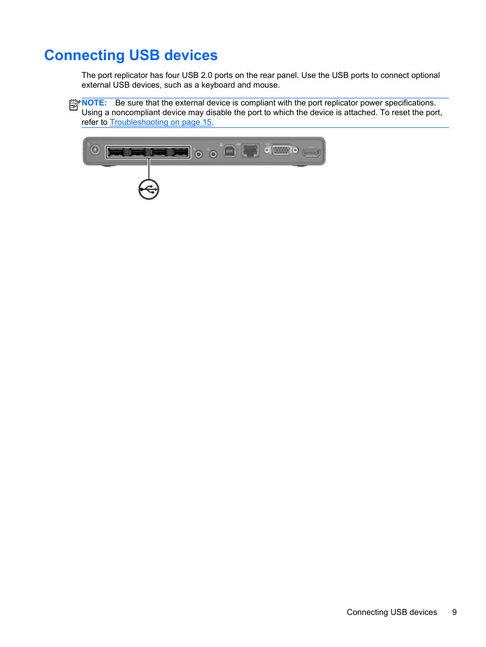 Connecting usb devices | HP USB 2.0 2005pr Port Replicator User Manual | Page 13 / 24