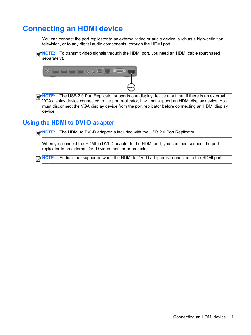 Connecting an hdmi device, Using the hdmi to dvi-d adapter | HP USB 2.0 2005pr Port Replicator User Manual | Page 15 / 24