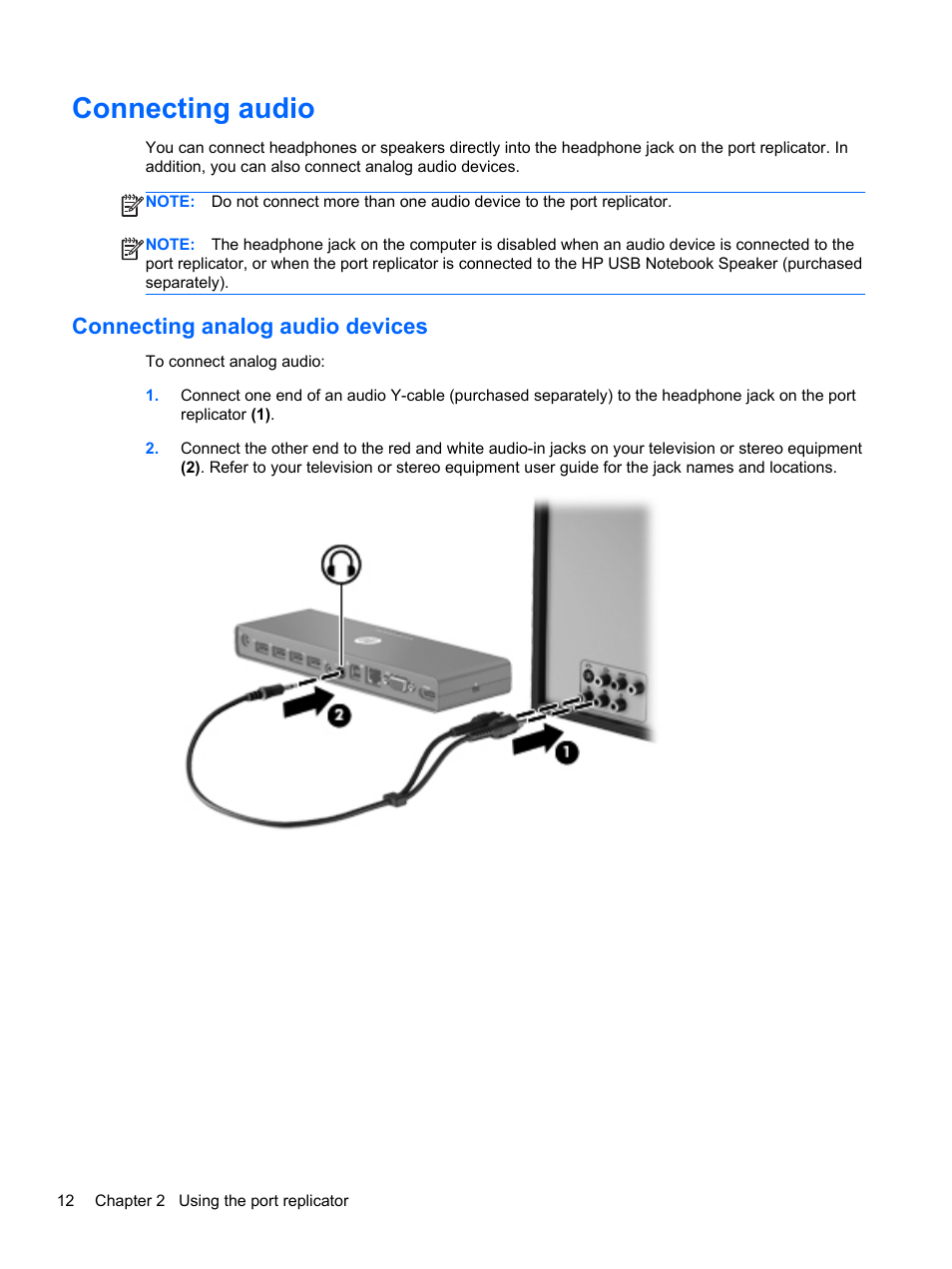 Connecting audio, Connecting analog audio devices | HP USB 2.0 2005pr Port Replicator User Manual | Page 16 / 24