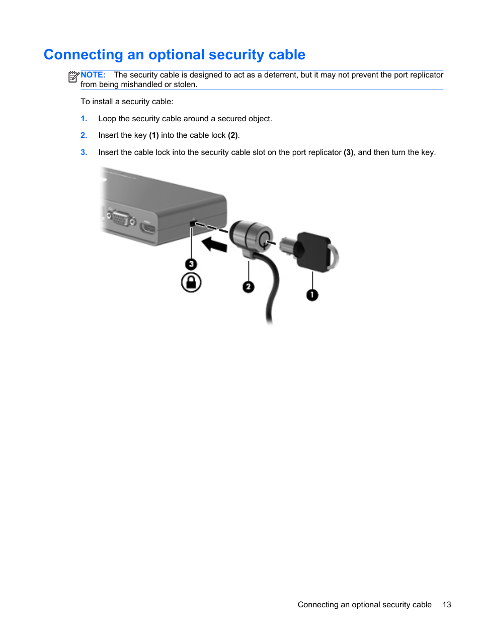 Connecting an optional security cable | HP USB 2.0 2005pr Port Replicator User Manual | Page 17 / 24