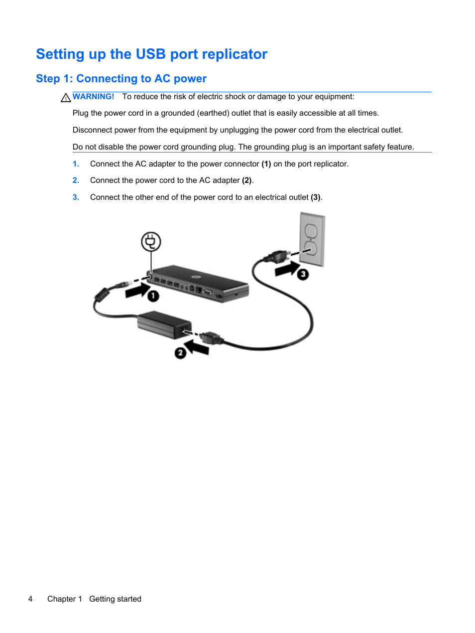 Setting up the usb port replicator, Step 1: connecting to ac power | HP USB 2.0 2005pr Port Replicator User Manual | Page 8 / 24