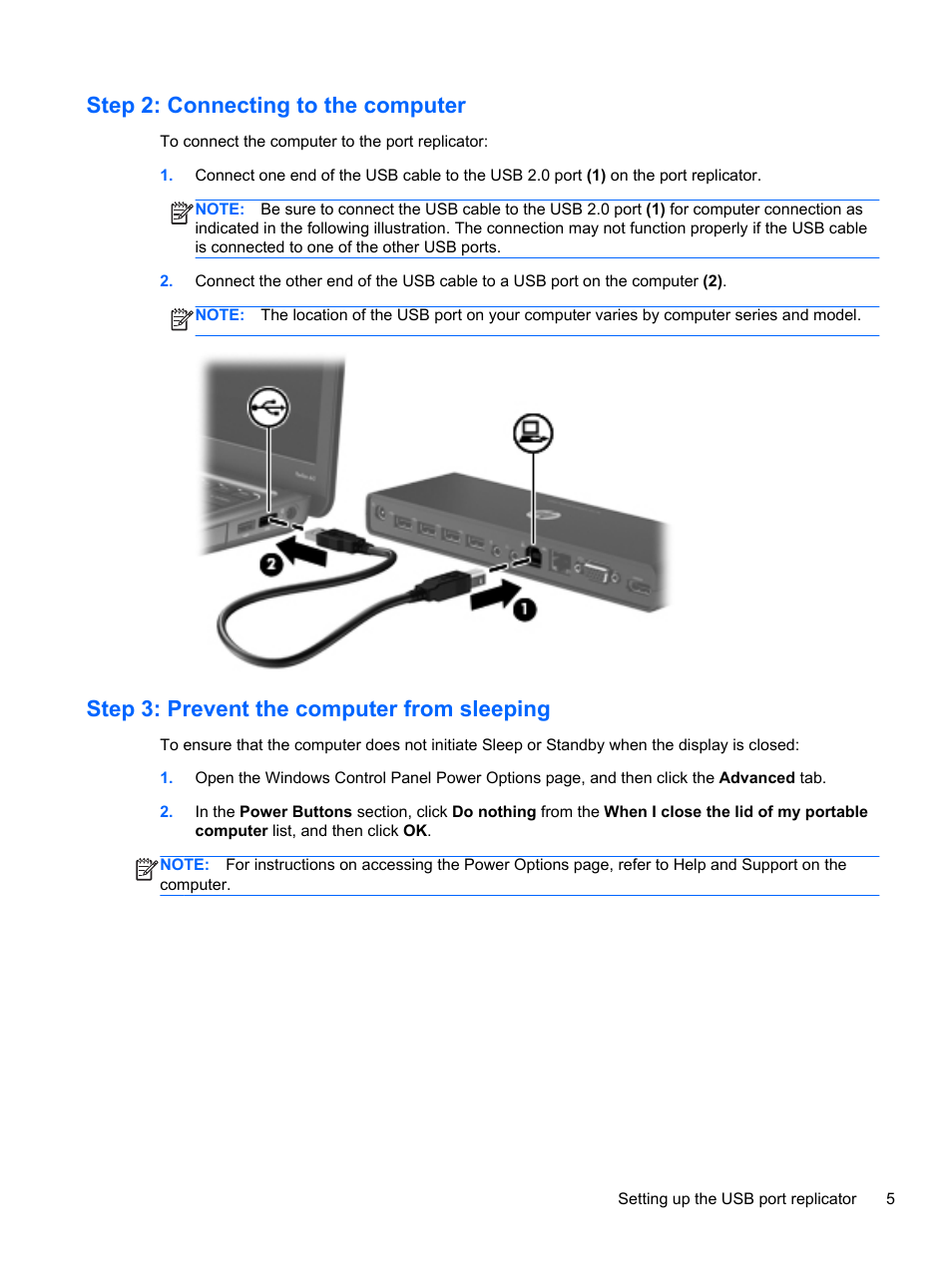 Step 2: connecting to the computer, Step 3: prevent the computer from sleeping | HP USB 2.0 2005pr Port Replicator User Manual | Page 9 / 24