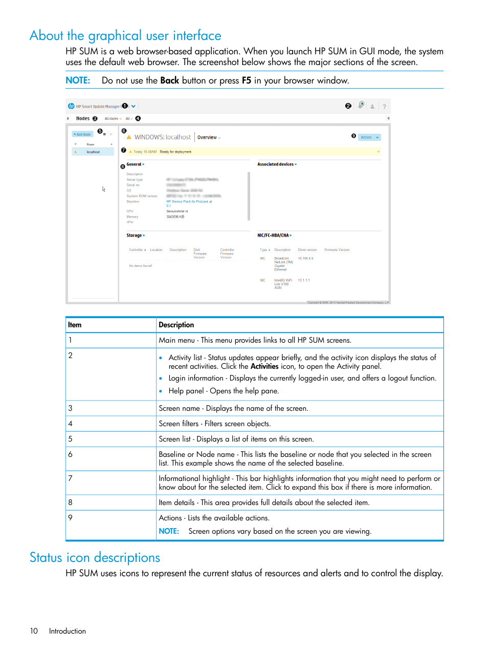 About the graphical user interface, Status icon descriptions | HP Smart Update Manager User Manual | Page 10 / 130